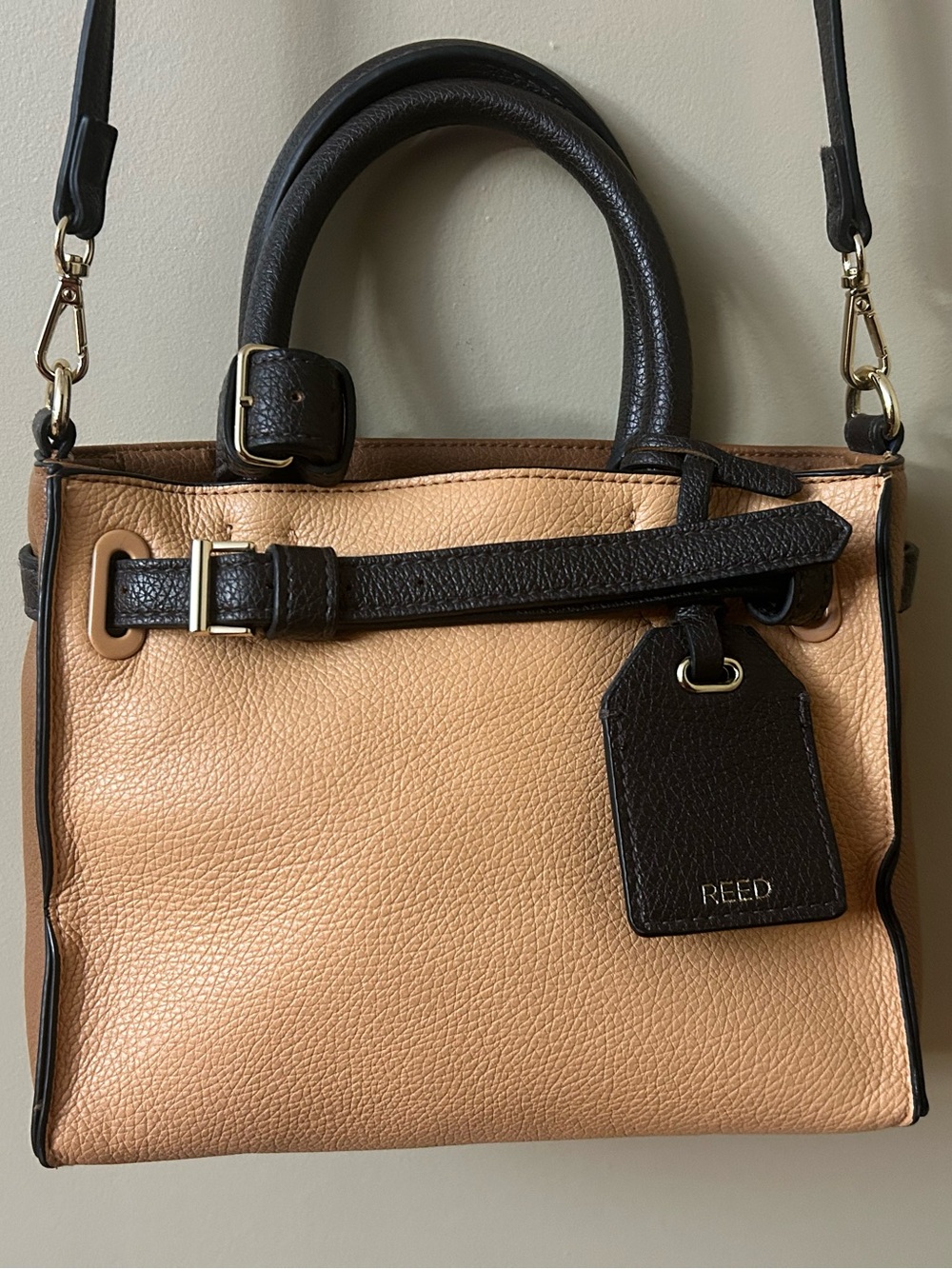 REED by Reed Krakoff Boxer Satchel Crossbody Bag Colorblock Tan Brown Black